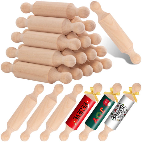 20PCS Mini Rolling Pins for Crafts, Small Wooden Dough Roller for Children in the Kitchen Baking and Imaginative Play, Wooden Tiered Tray Decorative for Halloween and Christmas Presents (4.1 Inches) FFNIU