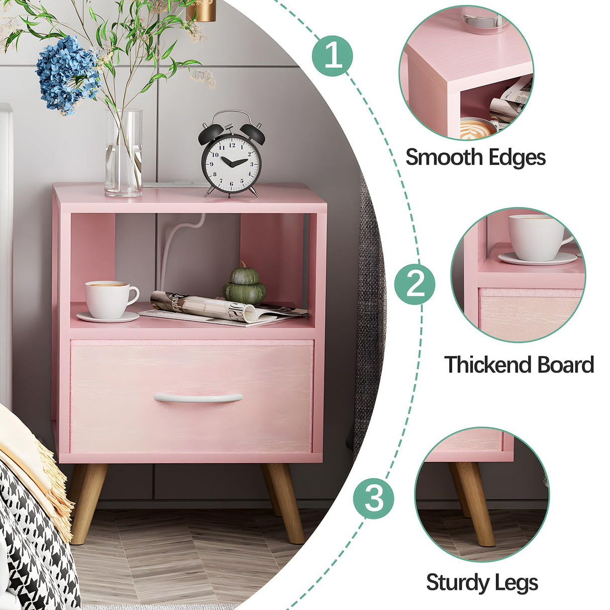 Aenuert Night Stand with Charging Station, Pink Kids Nightstand with Drawer, 2-Tier Nursery Bedside Table with USB Ports and Outlets, End Table for Small Space, Living Room, Bedroom Aenuert