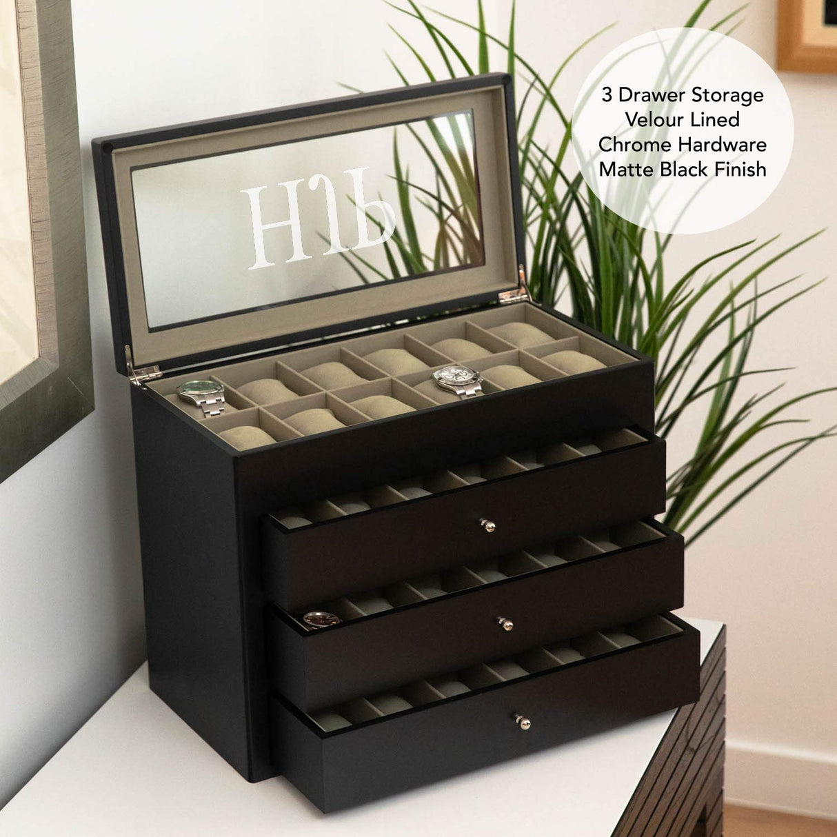 Bey-Berk Custom Personalized Watch Box Organizer - 48 Slot Luxury Solid Wood Designer Display, Large Watch Slots (Black) Bey-Berk