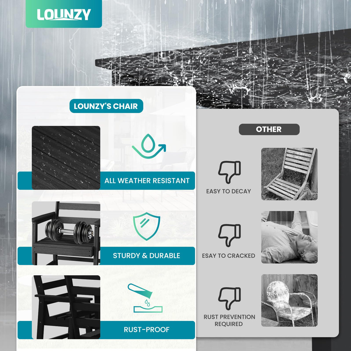 LOUNZY 9-Piece Patio Dining Set, 90'' Outdoor HDPE Luxury Table with 8 Weather-Resistant Chairs for Backyard, Deck, Lawn, Poolside, Black LOUNZY