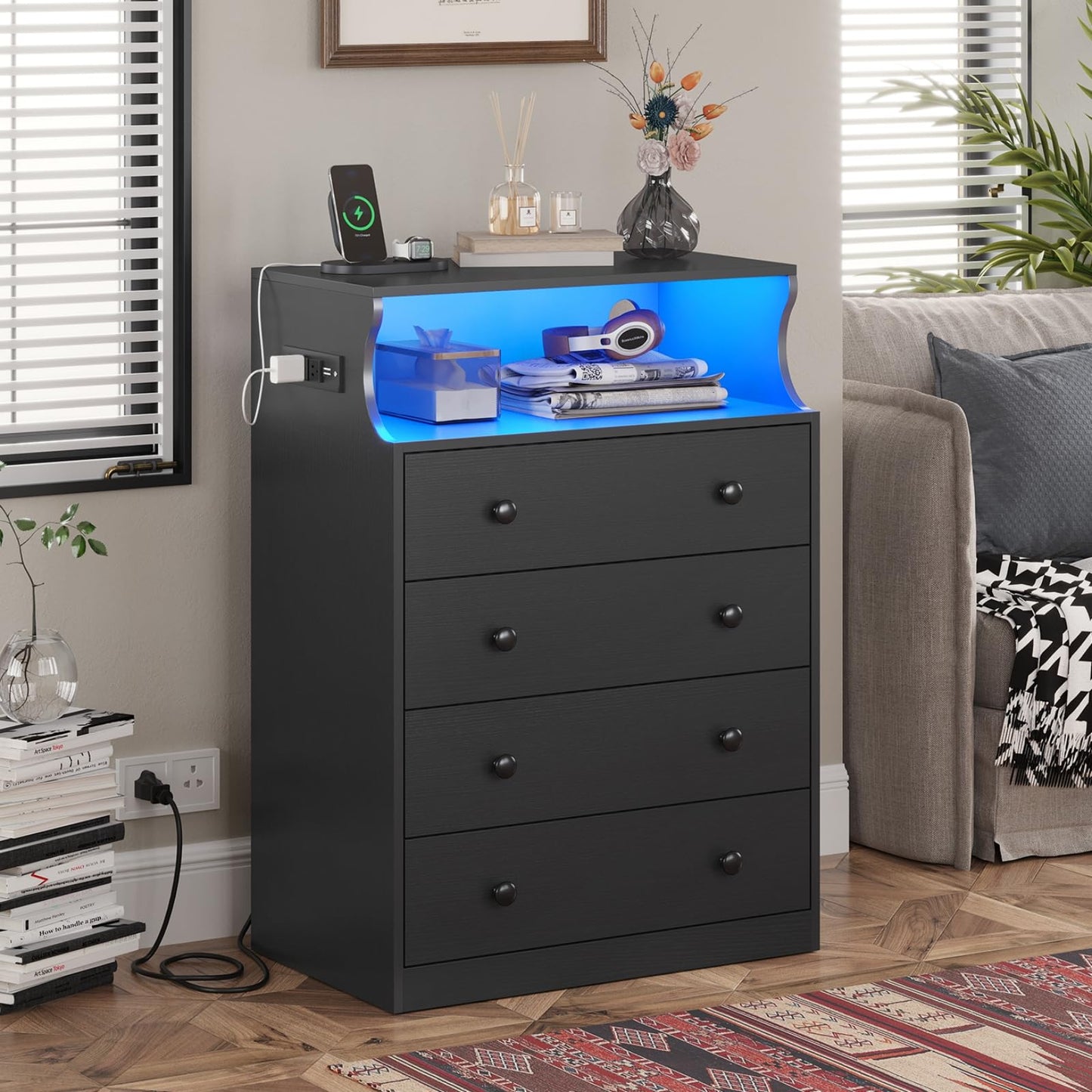 DICTAC Black Drawer Dresser for Bedroom with LED Lights, Chest of 4 Drawers with Charging Station, Tall Dresser with Large Storage Space, Wooden Storage Tower Organizer - WoodArtSupply