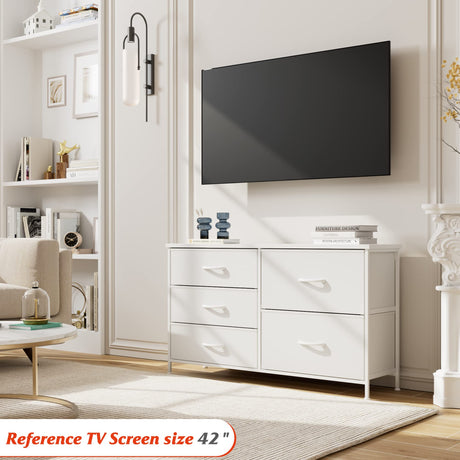 Nicehill White Dresser for Bedroom with 5 Drawers, Small Dresser for Kids' Bedroom, Closet, Wide Chest of Drawers with Storage Drawers, Wooden Top, Steel Frame, Modern, White Nicehill