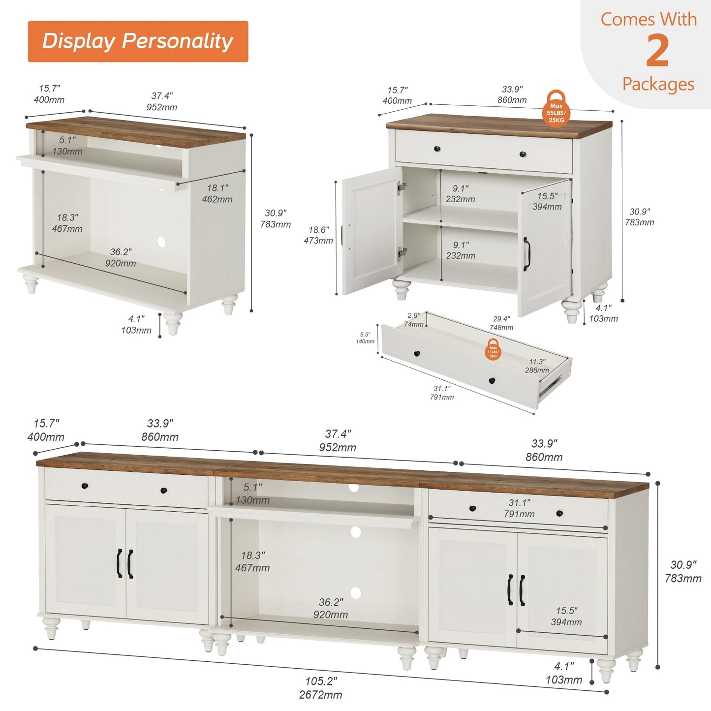 WAMPAT Farmhouse TV Stand for TVs up to 100'', Home Entertainment Center with 8 Storages for 75/80/85/90 inch TV, Large TV Console Table for Living Room, Bedroom, White