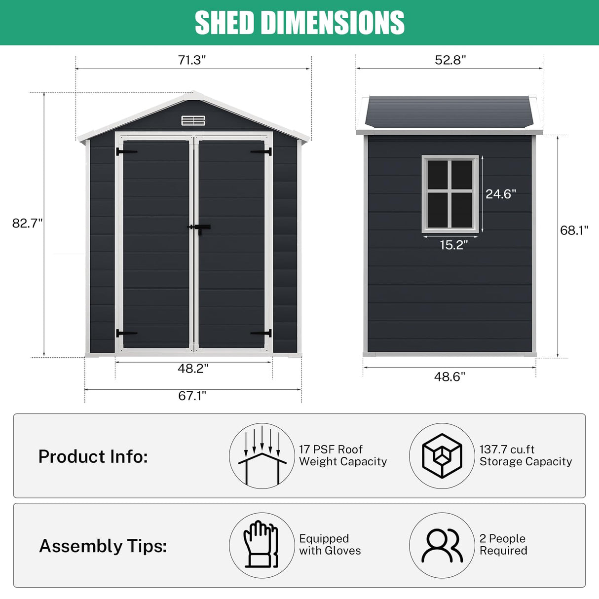 Seizeen 6x4.4ft Outdoor Resin Shed with Floor, All-Weather Plastic Storage Shed with Lockable Doors, Window & Vents, Tool Sheds & Outdoor Storage Clearance for Garden Patio (Dark Gray) Seizeen