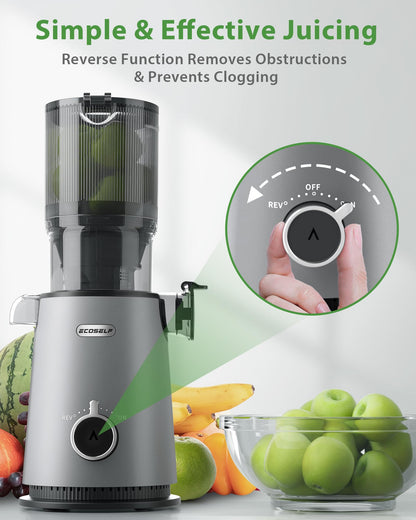 Cold Press Juicer, ECOSELF Slow Masticating Juicer with 4.35" Large Feed Chute Fit Whole Fruits & Vegetables, Self Feeding for Juice Extractor Machine, Easy to Clean and Assemble, High Juice Yield