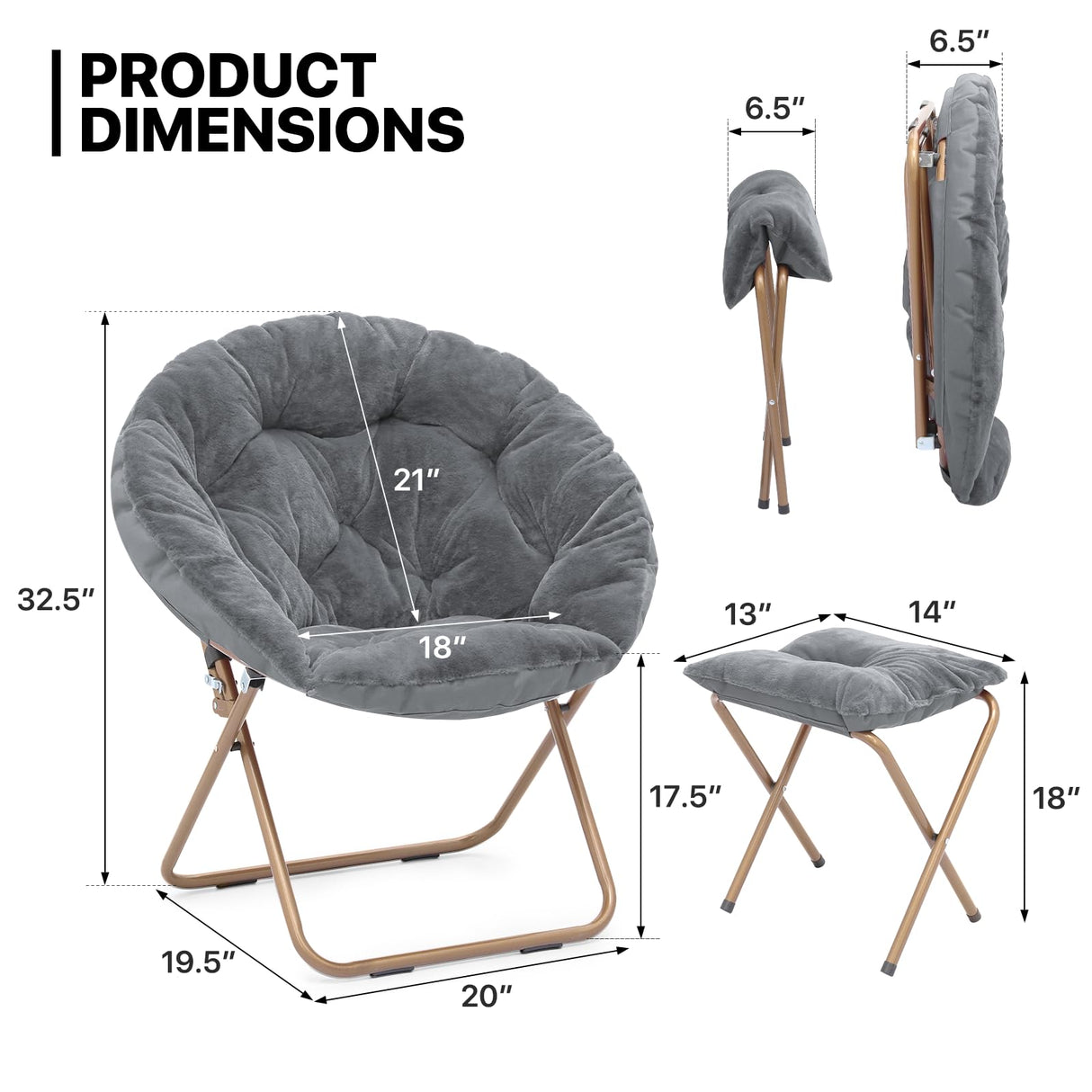 MoNiBloom Round Folding Faux Fur Saucer Chair for Bedroom Living Room Dorm Foldable Metal Frame Oversized Large Comfy Furry Padded Soft Cozy Moon Chair with Footrest Ottoman for Adults (Gray) MoNiBloom