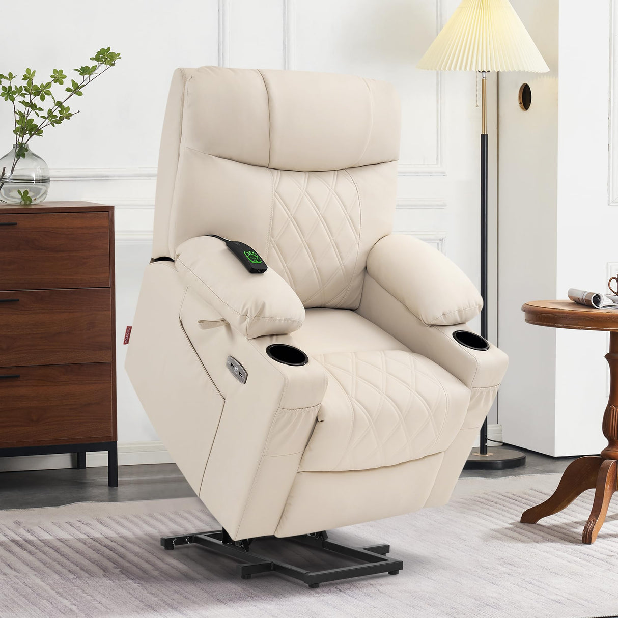 MCombo Small Size Power Lift Recliner Chair Sofa with Massage and Dual Heating, Adjustable Headrest for Elderly People Petite, USB Ports, Extended Footrest, Faux Leather 7111 (Cream White) MCombo