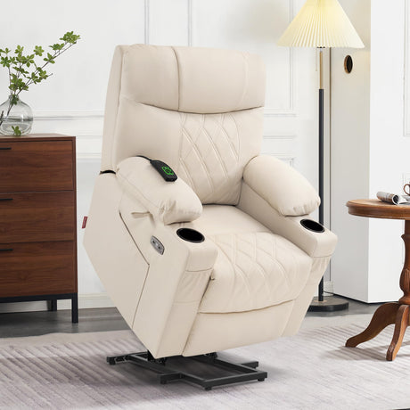 MCombo Small Size Power Lift Recliner Chair Sofa with Massage and Dual Heating, Adjustable Headrest for Elderly People Petite, USB Ports, Extended Footrest, Faux Leather 7111 (Cream White) MCombo