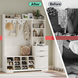 5-in-1 Hall Tree with Storage and Shoe Rack for Entryway,Entryway Bench with Coat Rack and Shoe Cabinet,9 Coat Hooks & 12 Shoe Cubbies,Farmhouse Shoe Storage Cabinet with Drawer for Hallway (White) Gyfimoie