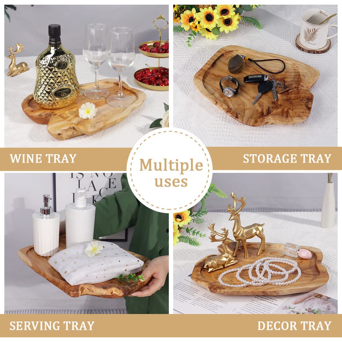 DeziWood Wooden Tray for Decor, Small Wood Serving Tray, Rustic Wood Decorative Tray, Farmhouse Candle Holder Decorative Tray for Home Decor, 13x9.8x1.5 Inch DeziWood