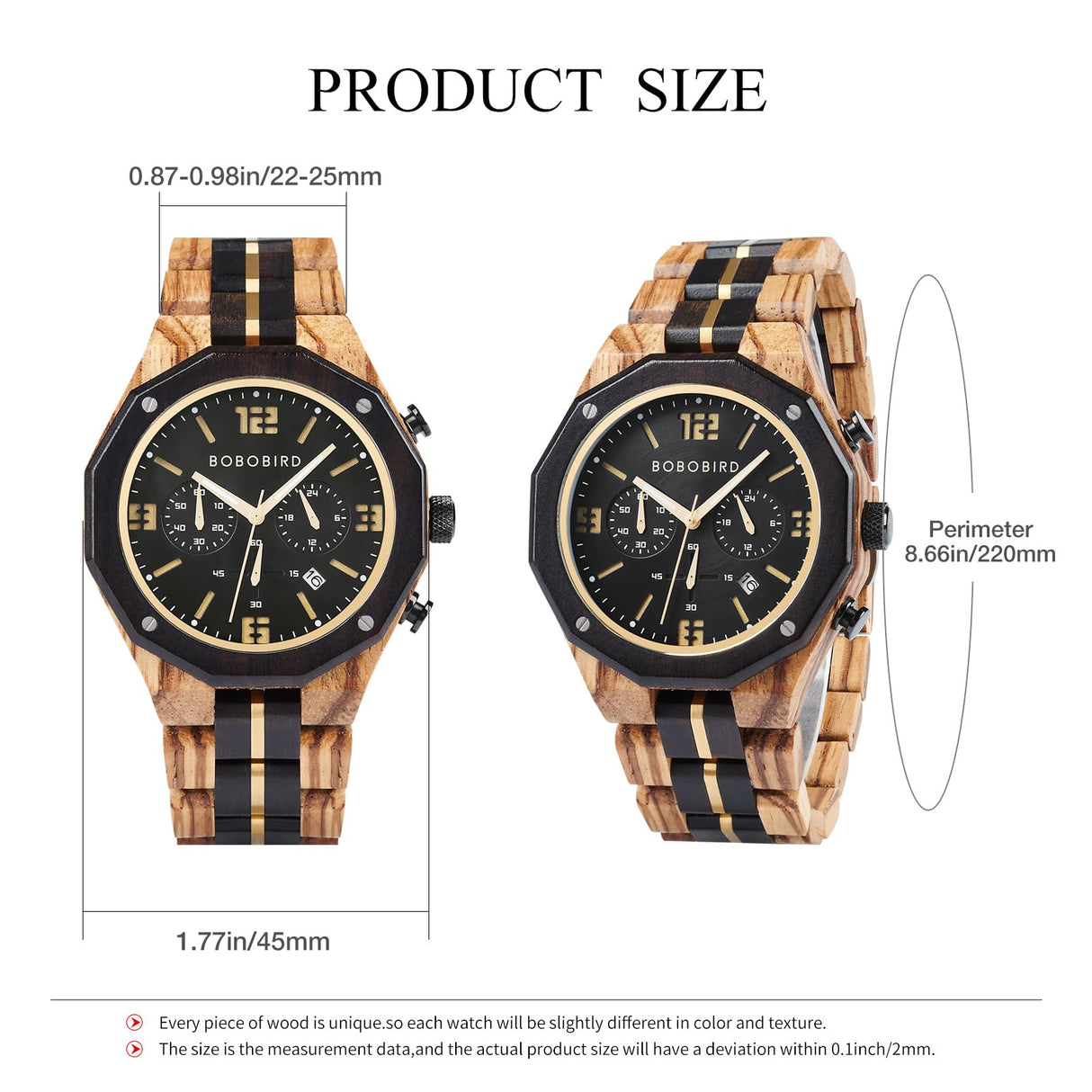 BOBO BIRD Men's Wooden Watch Sport Fashion Wristwatch Casual Chronograph Quartz Watches Men's Wood Stainless Steel Strap Watch with Date Display (Black) BOBO BIRD