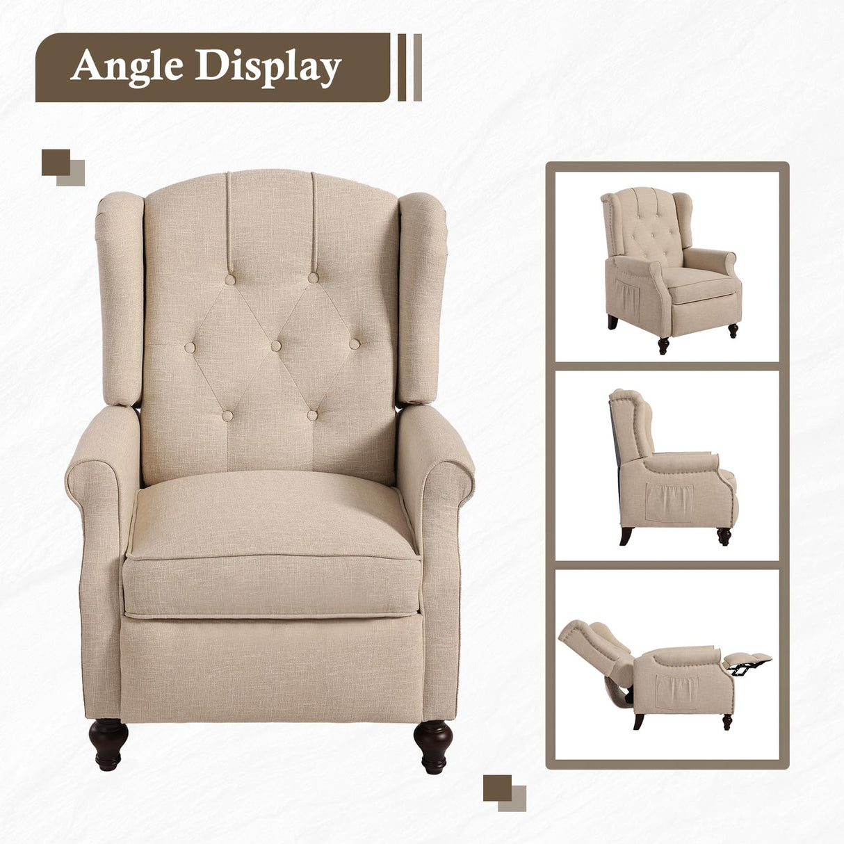 PALLOME Wingback Recliner Chair with Massage and Heat Tufted Fabric Push Back Arm Chair, Recliner Chair for Living Room Bedroom Home Theater (2,Beige) PALLOME