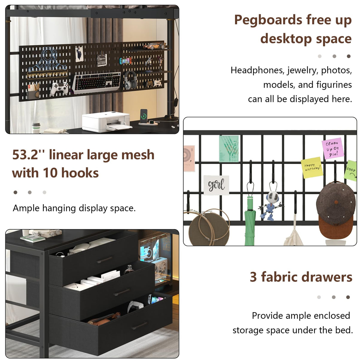 Twin Size Loft Bed with U-Shaped Desk & RGB LED Lights, Twin Loft Metal Bed Frame with Charging Station Bunk loft bed with 3 Drawers, Safety Guard & Ladder, 3 Pegboards, No Box Spring Needed, BlacK CSZZD