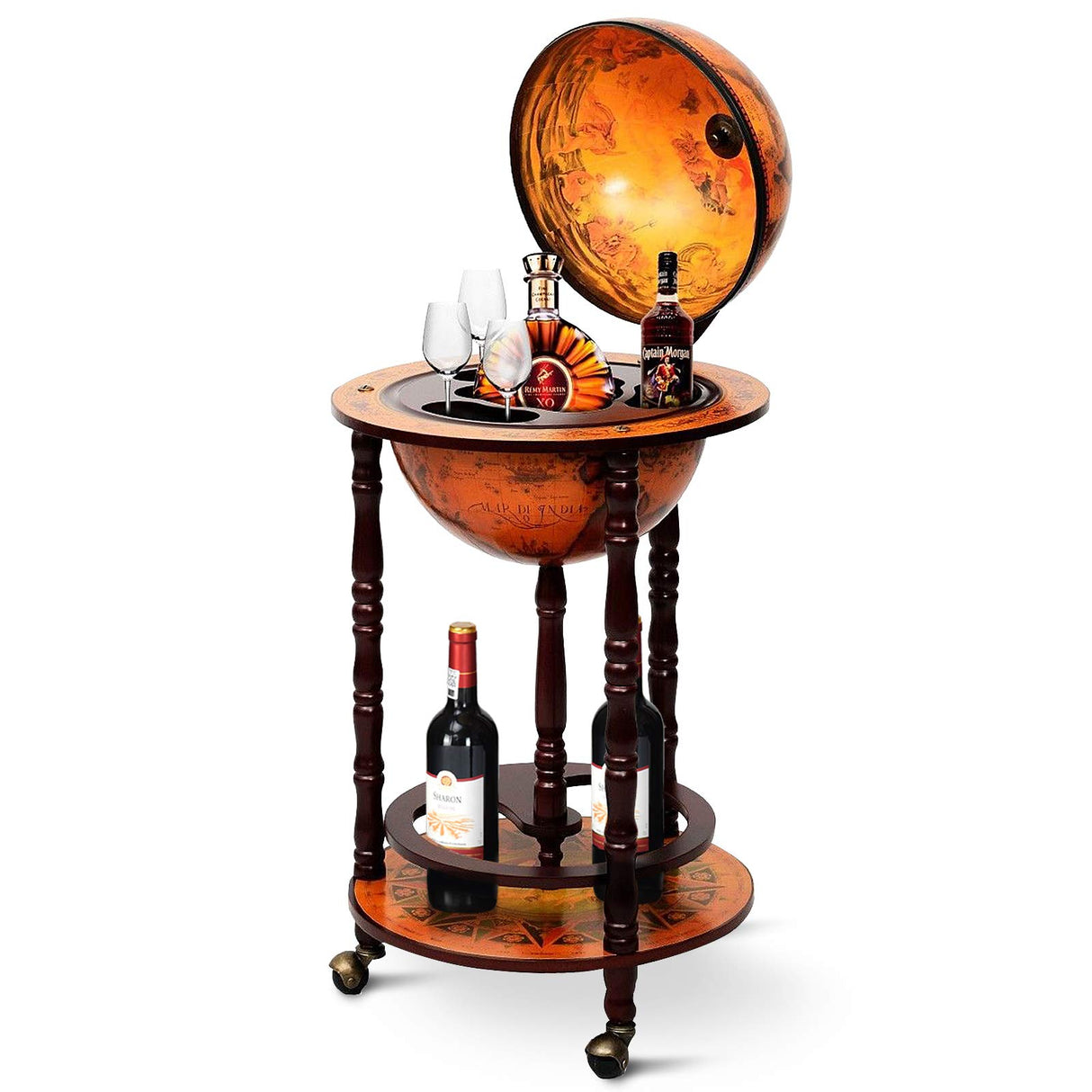 Goplus Globe Bar, 17.5” Globe Bar Liquor Cabinet with Wheels, Bottom Shelf, Old World Map, 16th Century Italian Replica Bar Globe, Retro Wine Stand, Goplus