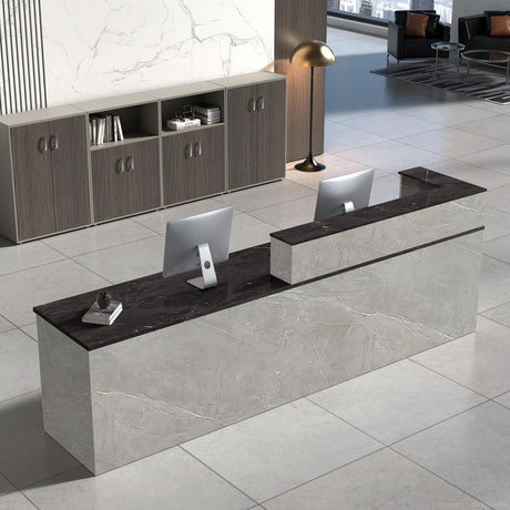 Nuipesn L Shape Reception Desk with Counter, Modern Front Desk Reception Counter with Keyboard Tray, Lockable Drawer and Storage Shelves for Office, Retail, Salon (Gray+Black/Left, 79" L*24" W*39" H) Nuipesn