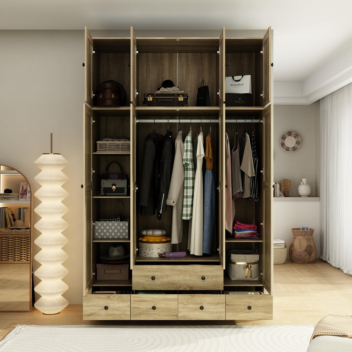 Homsee 8 Door Wardrobe Armoire Closet, Bedroom Cabinet Armoire with Rattan Doors, 5 Drawers, 2 Hanging Bars, Top Cabinets & Shelves, Light Brown Homsee