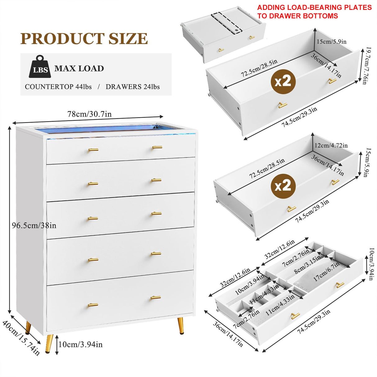 JanflyHome Closet Island with Drawers, Glass Top, Closet Island with LED Lights, Jewelry Dresser Display and Bedroom Island & Walk-in Closet Island for Bedroom, Cloakroom, White JanflyHome