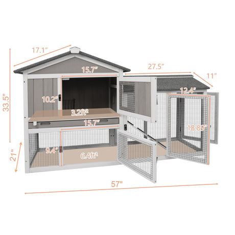 Gowoodhut Rabbit Hutch Indoor Outdoor 57 "L Bunny Hutch with Pull Out Tray,2 Story Wooden Rabbit Cage with Asphalt Roof,Guinea Pig Cage with Ventilation Doors,Ramp for Small Animals(Grey) Gowoodhut