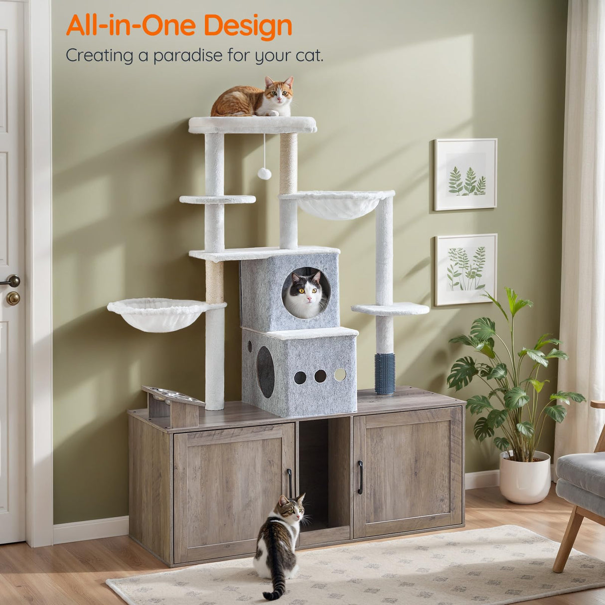 HOOBRO Cat Tree with 47.2" Dual Litter Box Enclosure, 63.4" Tall Multi-Functional Tower for Cats, Hidden Litter Box Enclosure Furniture, with Feeding Bowls, Scratching Posts, Hammocks, Greige BG23MZ03 HOOBRO
