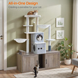 HOOBRO Cat Tree with 47.2" Dual Litter Box Enclosure, 63.4" Tall Multi-Functional Tower for Cats, Hidden Litter Box Enclosure Furniture, with Feeding Bowls, Scratching Posts, Hammocks, Greige BG23MZ03 HOOBRO