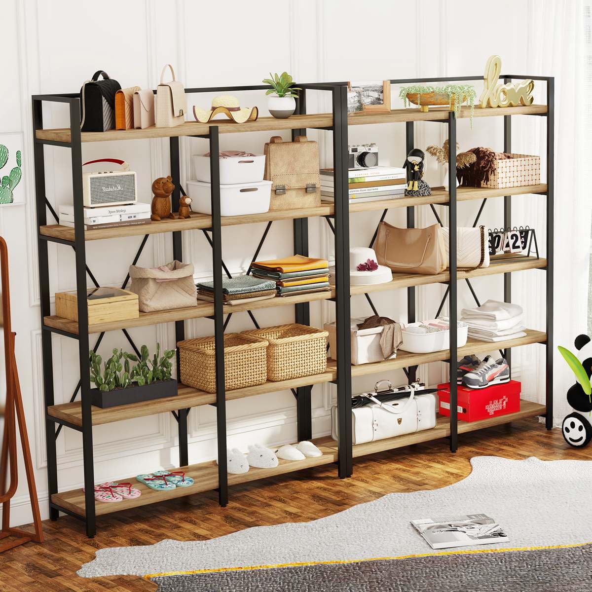 Industrial 5-Tier Rustic Oak Bookshelf with Open Shelving Unit by FATORRI FATORRI