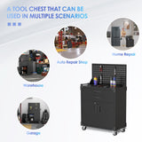 GangMei Black Tool Cart with 2 Drawer and Lockable Door,Garage Storage Cabinet on Wheels with Pegboard and 4 Hooks,Industrial Service Utility Tool Cart for Mechanics, Garage, Workshop GangMei