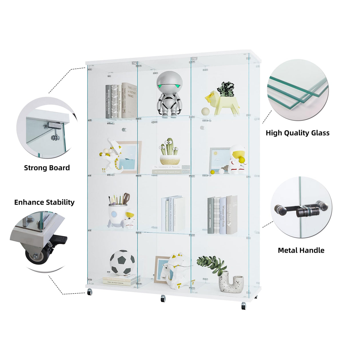 Fulocseny 66'' Glass Display Cabinet 4-Shelf with 2 Door Clear, Modern Extra Large Curio Cabinet Case Collection Display with Wheels, Floor Standing Bookshelf for Living Room Home Office (White) Fulocseny