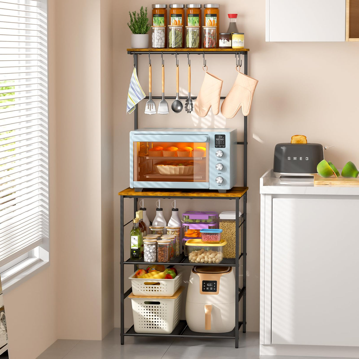 4 Tier Coffee Bar Station, Coffee Stand with 8 S-Shaped Hooks, Large Space Coffee Station Table, Farmhouse Coffee Bar Shelf, Bakers Rack for for Kitchen, Living Room, 24.41" W x 15.78" D x 57.17" H DAOUTIME