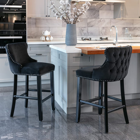 i-POOK Counter Height Bar Stools Set of 2, Velvet Upholstered Barstools with Solid Wood Legs, Button Tufted and Nailheads Trim, Wing-Back Bar Chairs for Kitchen Island Dining Room Pub, Black i-POOK