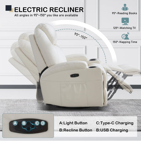 DUNELLA Power Swivel Rocker Recliner Chair for Adults with Heat and Massage, LED Lights, USB and Type-C Ports, Electric Glider Recliner Nursery Chair for Living Room(Beige, Single Sofa) DUNELLA