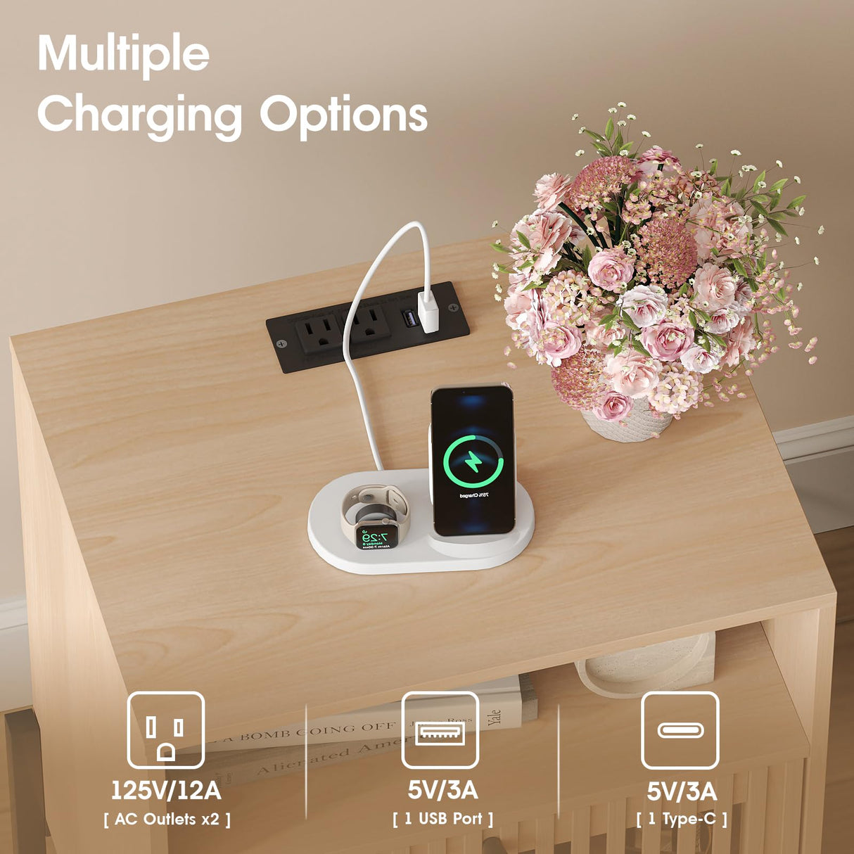 Vabches Fluted Nightstand with Charging Station and USB Ports, End Table with 2 Storage Drawers and Open Shelf, Sofa Side Table for Bedroom, Living Room, Set of 1 Vabches