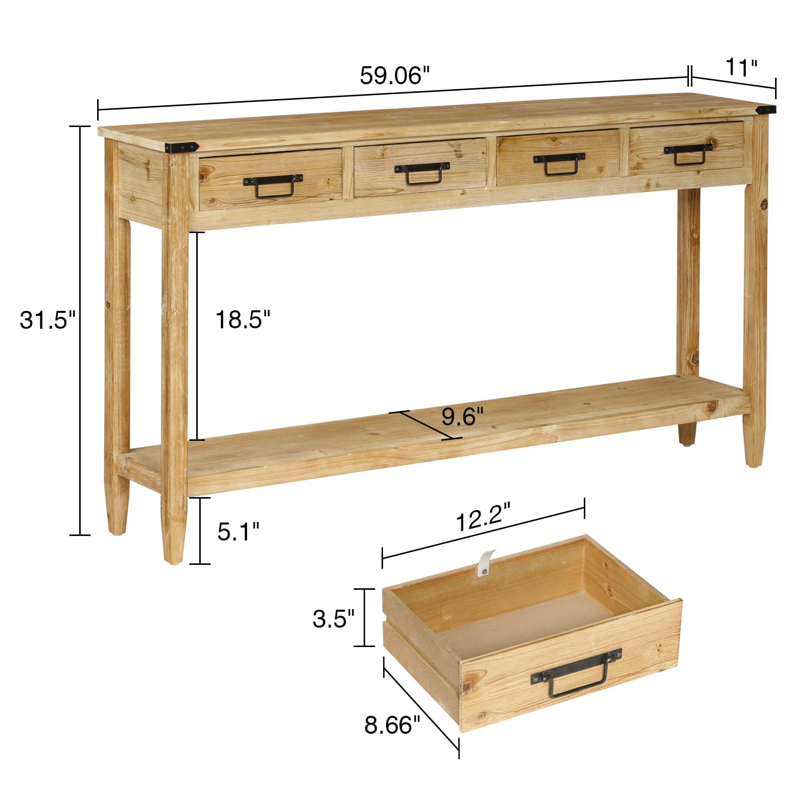 RUSTOWN Farmhouse Console Table with 4 Drawer, 60" Long Rustic Entryway Table with Open Storage Shelves and Handmade Metal Handle, Narrow Foyer Sofa Table for Living Room, Entryway, Hallway(N - WoodArtSupply