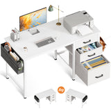 Casaottima 40-Inch Small Computer Desk with Fabric Drawers & File Cabinet, Home Office Desk with Cloth Storage Bag and Hook, Writing Study Work Table for Small Space, Vanity Desk for Bedroom, White Casaottima