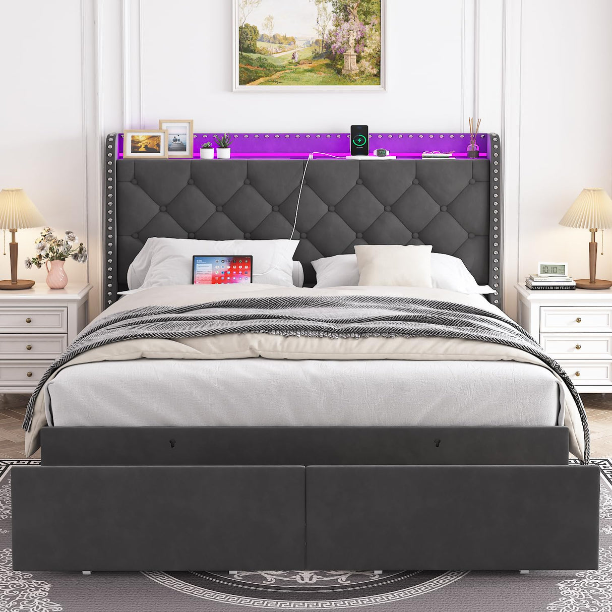 TIGUBFRE Dark Grey Upholstered Full Size Bed Frame with LED Lights and Storage Drawers TIGUBFRE