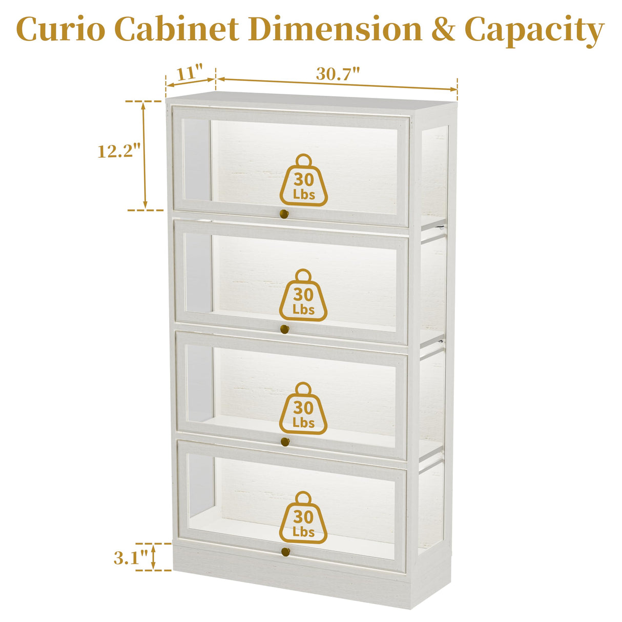 Boniture Display Cabinet with Acrylic Glass Doors,4-Tiers Curio Cabinet with LED Lighting for Collectibles, Collectibles Toy Organizers Rack & Display Shelf Display Case Storage Cabinet, Antique White BONITURE