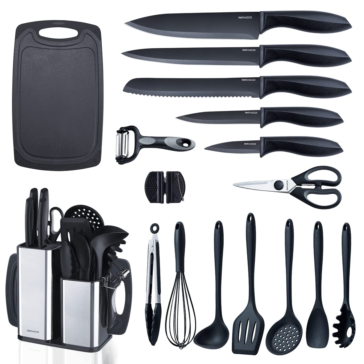 RAXCO Kitchen Utensils Set for Cooking-7 Cooking Utensils,6 Knife set Black,5 Utensil Sets,utensilios de cocina(18-in-1) RAXCO
