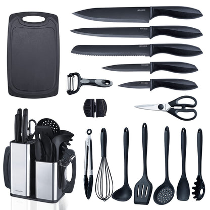 RAXCO Kitchen Utensils Set for Cooking-7 Cooking Utensils,6 Knife set Black,5 Utensil Sets,utensilios de cocina(18-in-1)