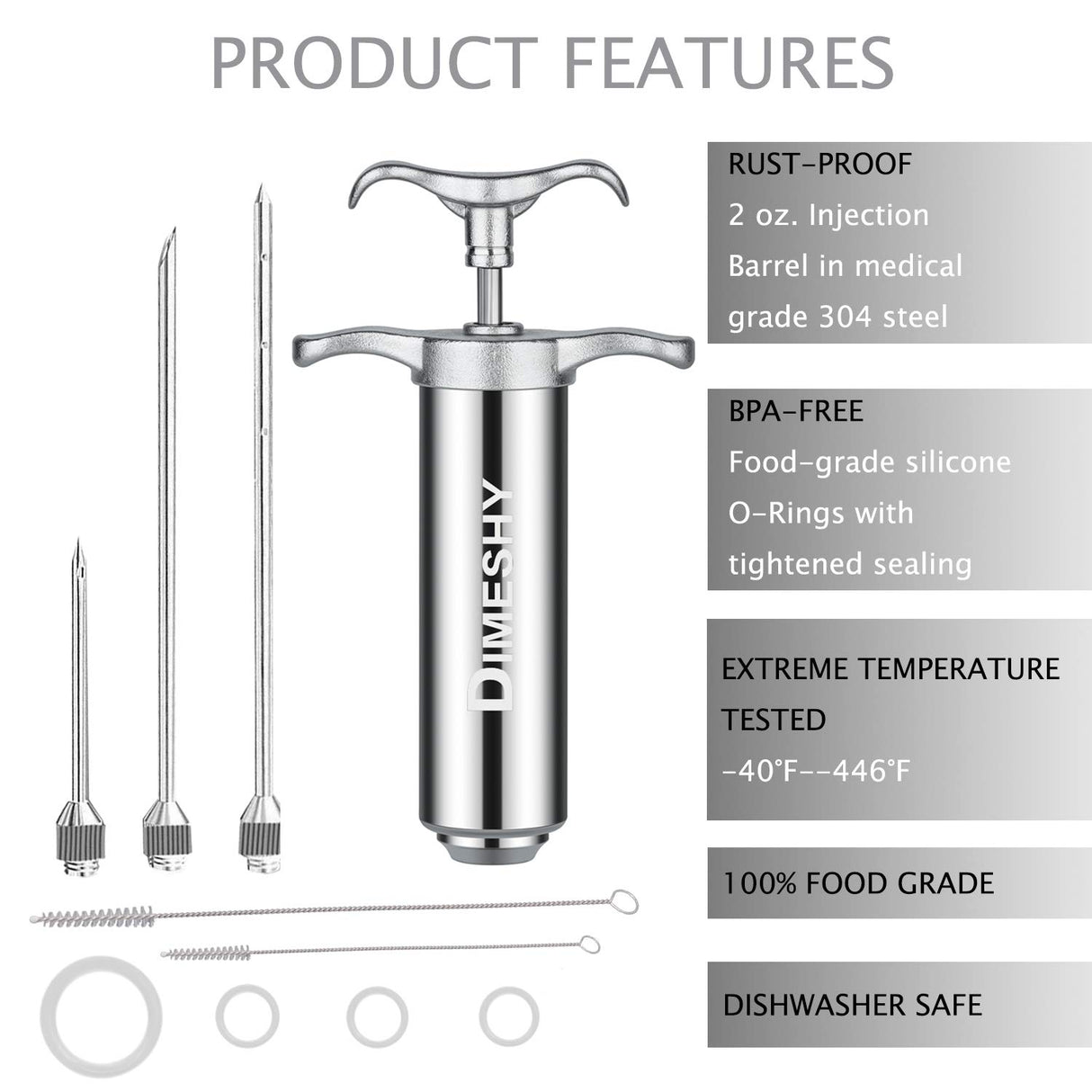 Heavy duty 304 Stainless Steel Meat Injector Kit with 2-oz Large Capacity Barrel with 3 commercial Marinade Needles DIMESHY
