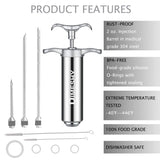 Heavy duty 304 Stainless Steel Meat Injector Kit with 2-oz Large Capacity Barrel with 3 commercial Marinade Needles DIMESHY