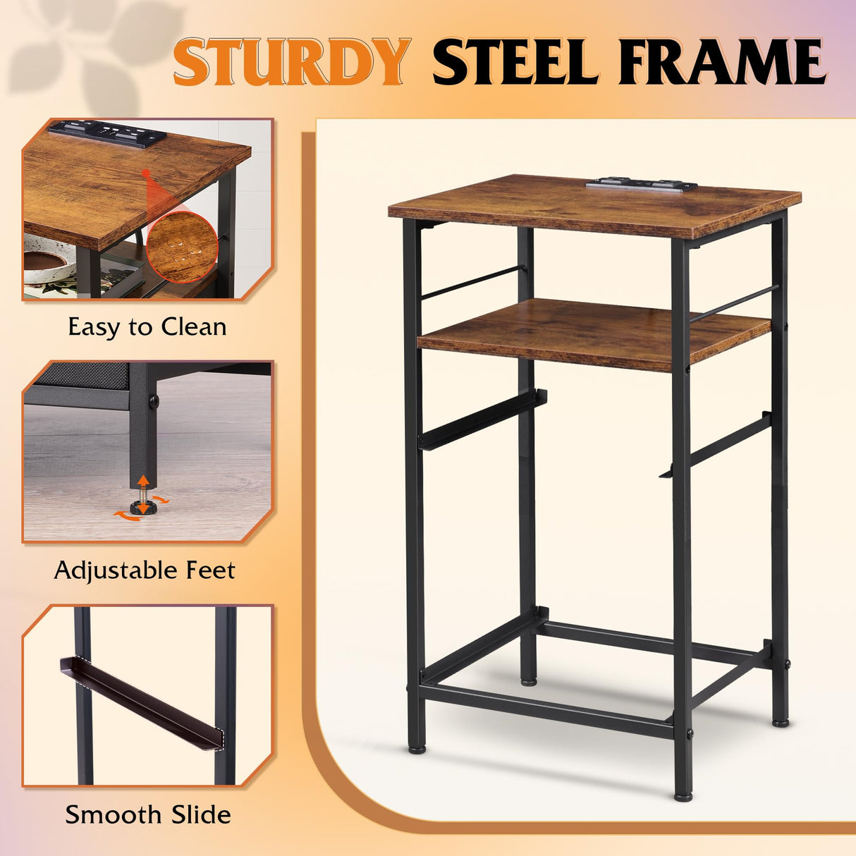 WLIVE Nightstand with Charging Station, Night Stand with 2 Fabric Drawers, Bedside Table, Small Dresser for Bedroom, Side Table with USB Ports and Outlets, Black and Rustic Brown WLIVE