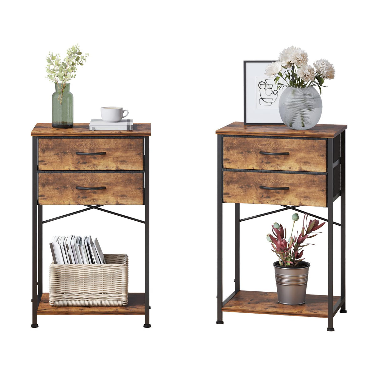 VonDream Nightstands Set of 2, End Table with Fabric Storage Drawer and Open Wood Shelf, Bedside Furniture with Steel Frame, Side Table for Bedroom, VonDream