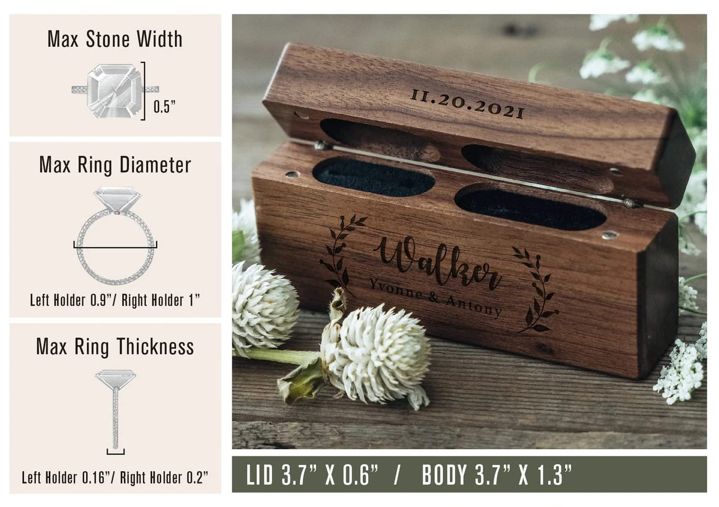 lmllml Custom Double Ring Box - Personalized Wooden Wedding Ring Box for 2 Rings Engraved Proposal Ceremony Ring Bearer Box, Wood Boho Box, Walnut - WoodArtSupply