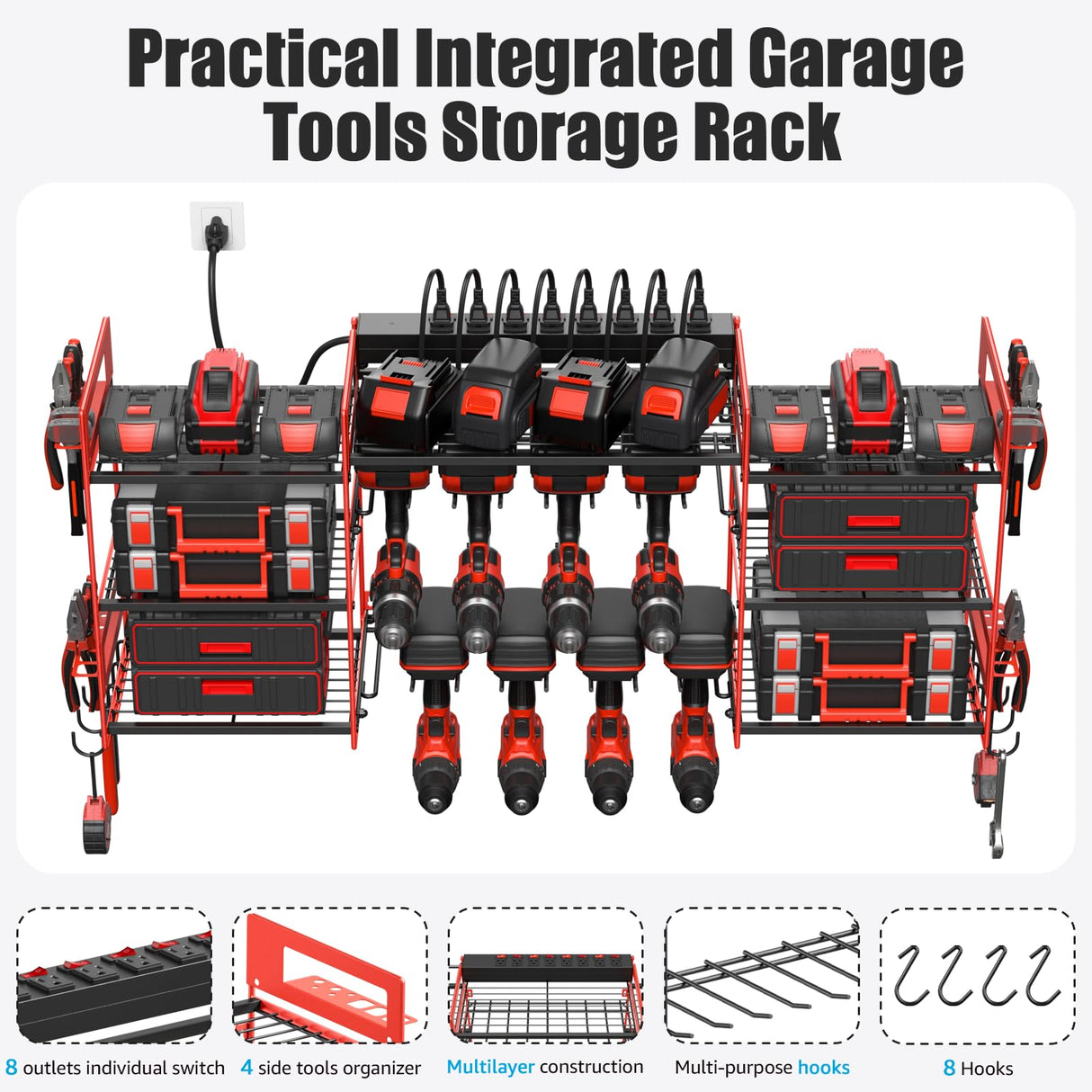 CCCEI Red Power Tool Organizer Wall Mount, Large Tools and Battery Storage Rack Charging Station Individual Switches. Drills Holder, Garage Utility Shelves with 6FT Power Strip. Gift for Men. CCCEI