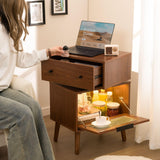 Cubehom LED End Table with Glass Top LED Side Table with Wooden Legs Modern Bedside Table with Drawers for Bedroom Living Room Cubehom