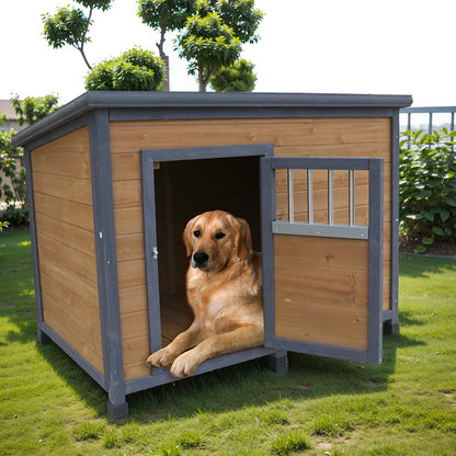 AMZOSS Large Dog House, Indoor & Outdoor Weatherproof Dog Kennel with Doors and Elevated Floor, Solid Wood Doghouse Puppy Shelter for Dogs, Cats, Small Animals, 44.2" L x 31.7" W x 30.5" H