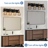 Rustic Style Wood Bathroom Wall Sconce，4 Light Bathroom Vanity Light Fixtures， with Boho Wicker Twine Lampshade，Suitable for Bedroom, Hallway, and Living Room，Rattan Black Farmhouse Wall Sconce LmnLvn