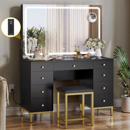 DWVO Large Black Makeup Vanity Desk Set with LED Mirror & Charger Station, Glass Top Vanity with 9 Drawers and Adjustable 3 Color Lighting Modes, Vanity Desk with Chair