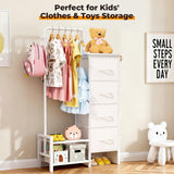 LZNIOZ Dresser with Hanging Rack - 52" Tall Clothes Rack with Drawers, 4 Drawers & 4 Side Bags, Fabric Chest of Drawers with with Bottom Shelves, Kids Dresser for Bedroom, Living Room-White LZNIOZ