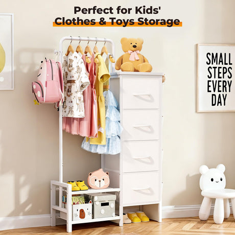 LZNIOZ Dresser with Hanging Rack - 52" Tall Clothes Rack with Drawers, 4 Drawers & 4 Side Bags, Fabric Chest of Drawers with with Bottom Shelves, Kids Dresser for Bedroom, Living Room-White LZNIOZ