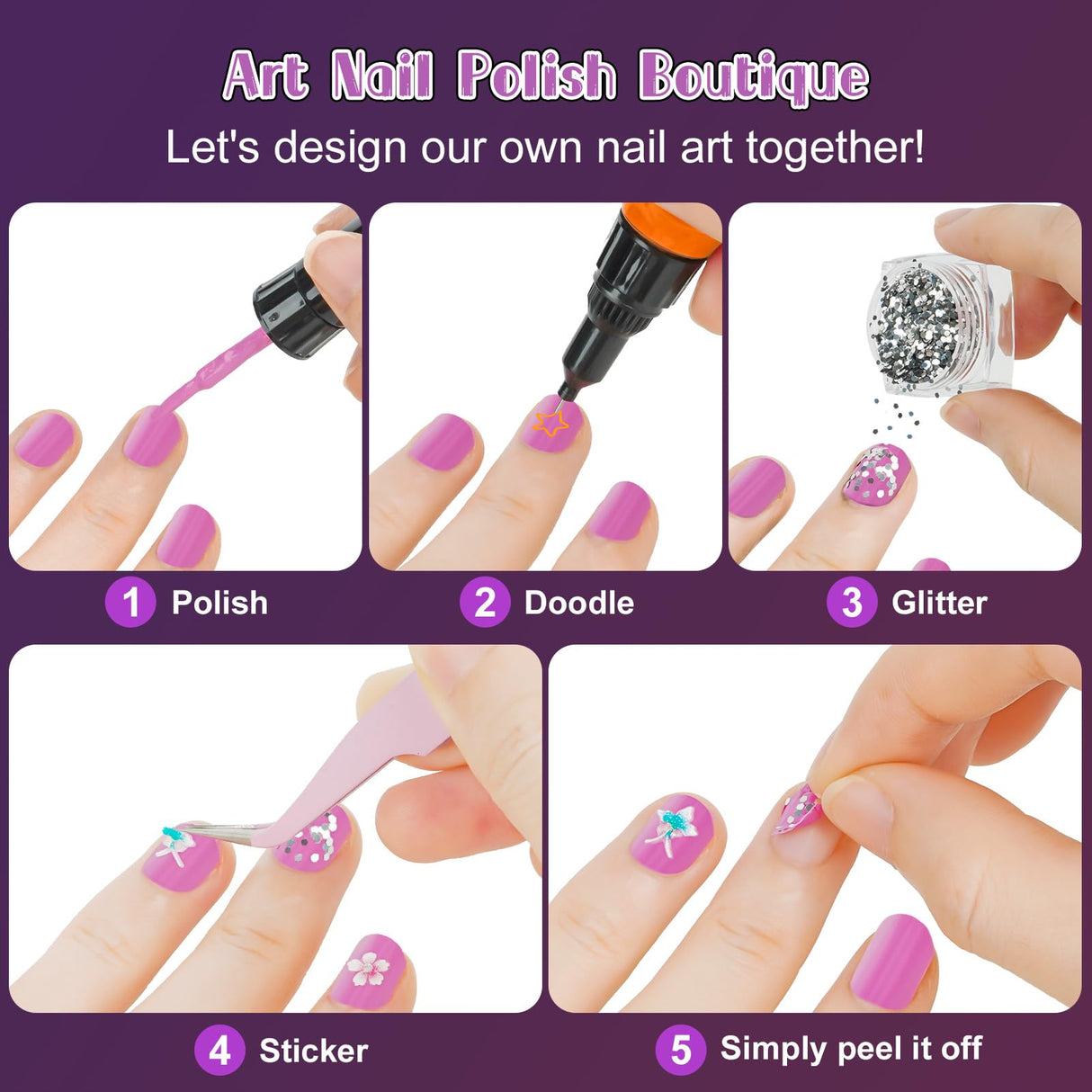 Tudaymol Nail Art Studio for Girls - Nail Polish Kit for Kids Ages 6-12 Years Old,Non-Toxic Peel-Off Safe Quick Dry Nail Polish Gift Kit Set,Cool Girls Toys Stuff - Polish, Pens, Glitter, Stickers Tudaymol